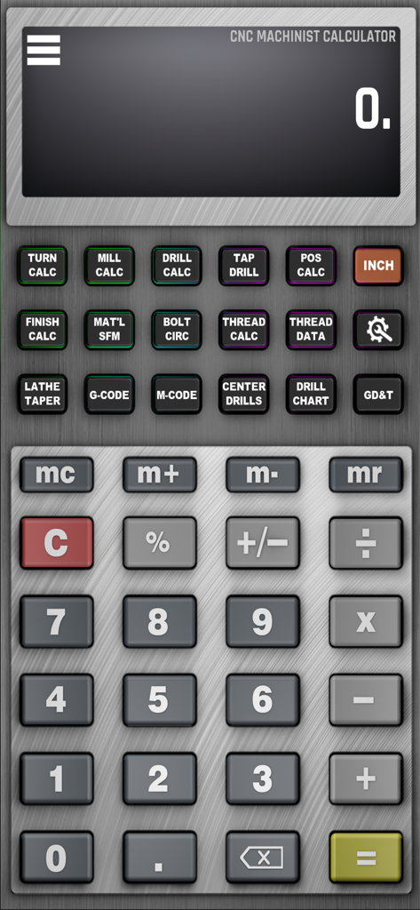 CNC Machinist Calculator Pro - Main interface of the CNC Machinist Calculator Pro app featuring specialized tool buttons for machining calculations