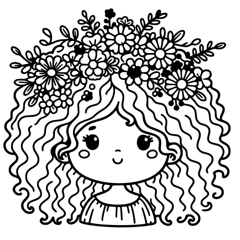 curly hair girl with flowers crown