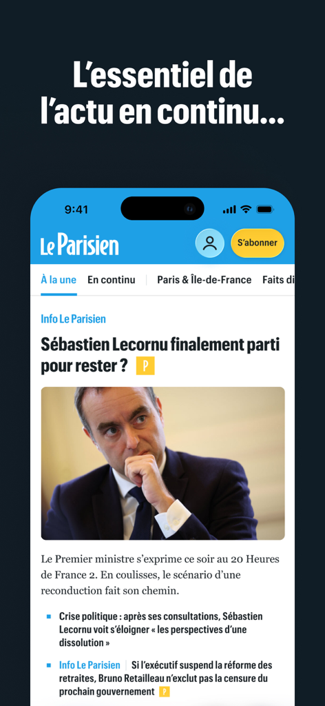 Le Parisien news app interface showing a real-time news feed and political headlines in French.