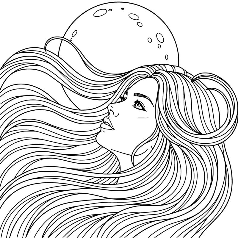 a lady looking up at the moon. she has long hair and it's a close up on the face.