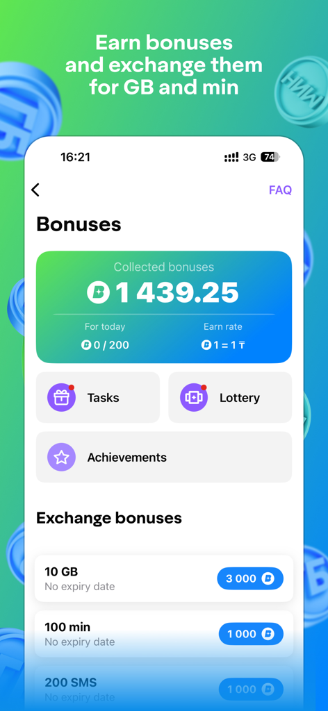 Interfaz de la aplicación IZI que muestra un saldo de bonos y opciones para canjear puntos por datos móviles y minutos