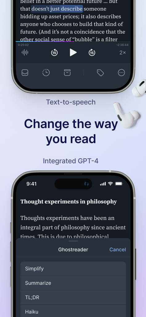 Readwise Reader - Interfaz de la aplicación Readwise Reader que muestra controles de reproducción de texto a voz y herramientas de IA Ghostreader para resumir y simplificar contenido.