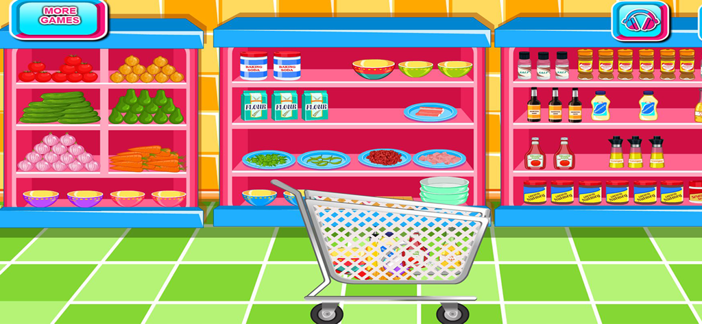 A cartoon supermarket aisle with various food ingredients and a shopping cart in a cooking simulation game.