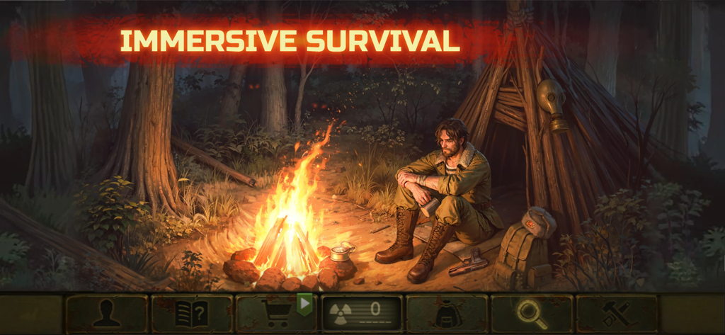 Day R Survival: Last Survivor - A survivor sitting by a campfire in a post-apocalyptic forest in Day R Survival