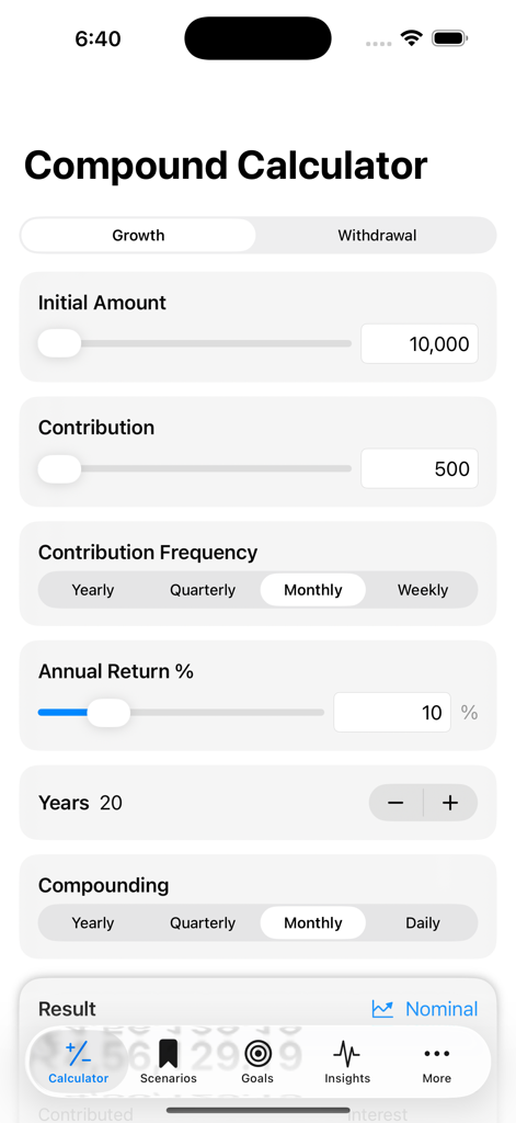 Compound Interest Calculator ・ - Interfaz de aplicación móvil de una calculadora de interés compuesto que muestra campos de entrada de inversión y configuraciones de crecimiento