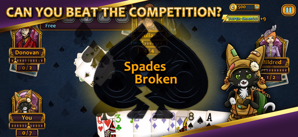 Aces Spades gameplay screen showing Victorian characters and Spades Broken notification