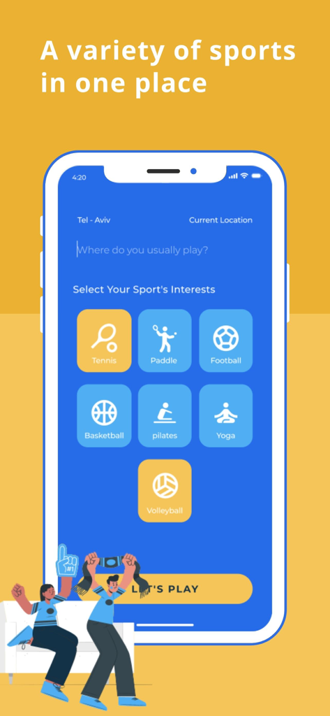 lazuz - הזמנת מגרשי ספורט - Lazuz mobile app interface showing a variety of sports categories like tennis and paddle to book courts
