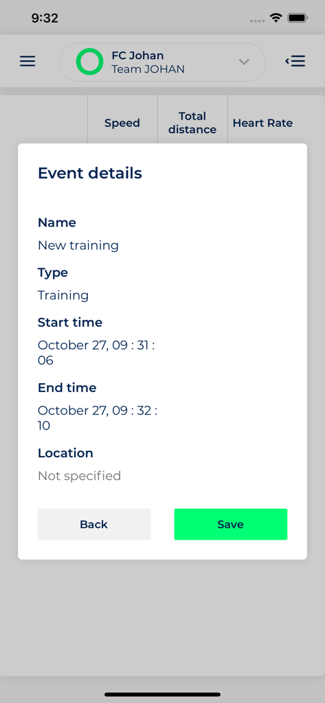 JOHAN Live Tracking app screen showing event details for a new sports training session setup