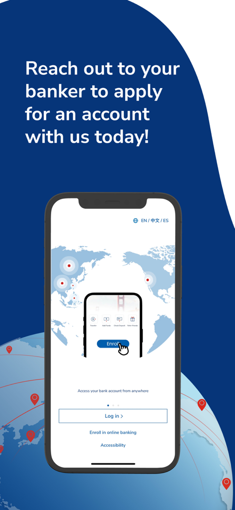 East West Bank BusinessExpress - East West Bank BusinessExpress mobile app enrollment and login screen showing a global map background.