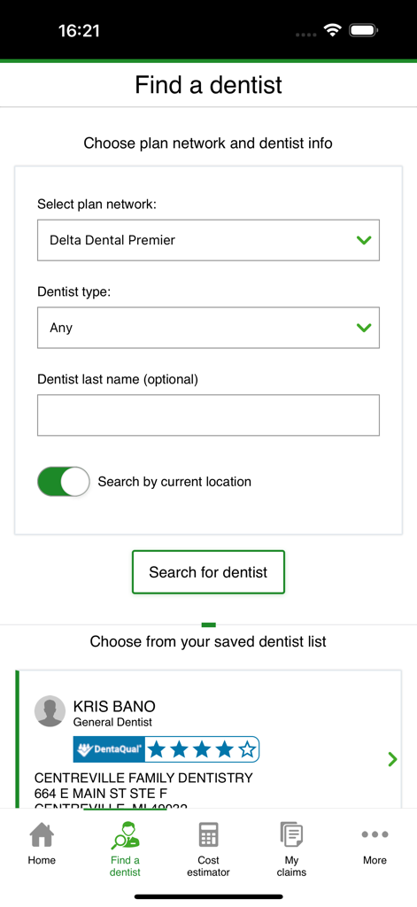 Search for a dentist interface within the Delta Dental mobile application