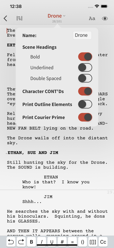 Slugline: Simply Screenwriting - Slugline app interface showing screenplay formatting settings overlay on a script