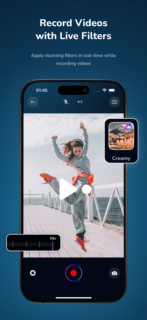 Moody Photo Edit Preset Filter - Moodshot app interface showing a user recording a video with live filters applied