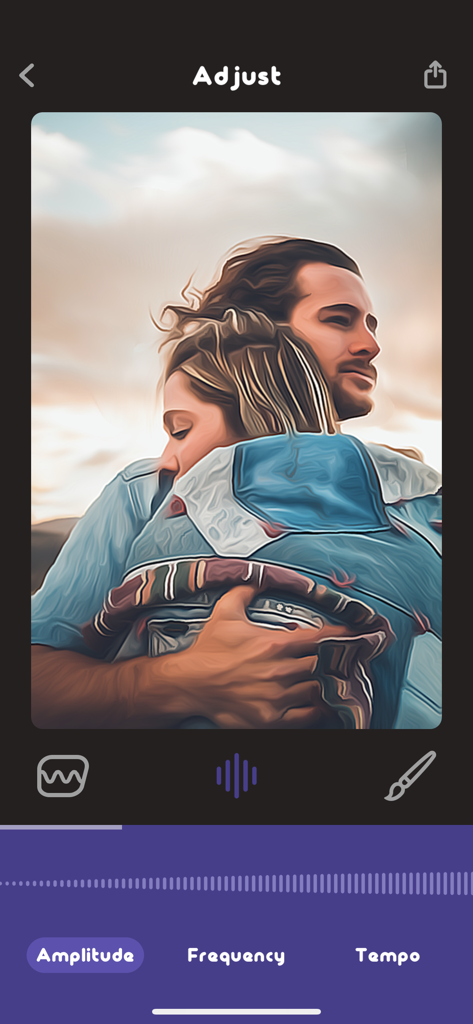 예술적인 사진에 대한 진폭, 주파수 및 템포의 미세 조정 컨트롤을 보여주는 Animatix 앱 인터페이스