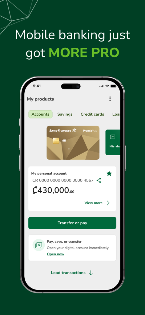 Promerica Móvil - Interfaz de la aplicación de banca móvil Promerica Movil mostrando el saldo de la cuenta y las opciones de transferencia