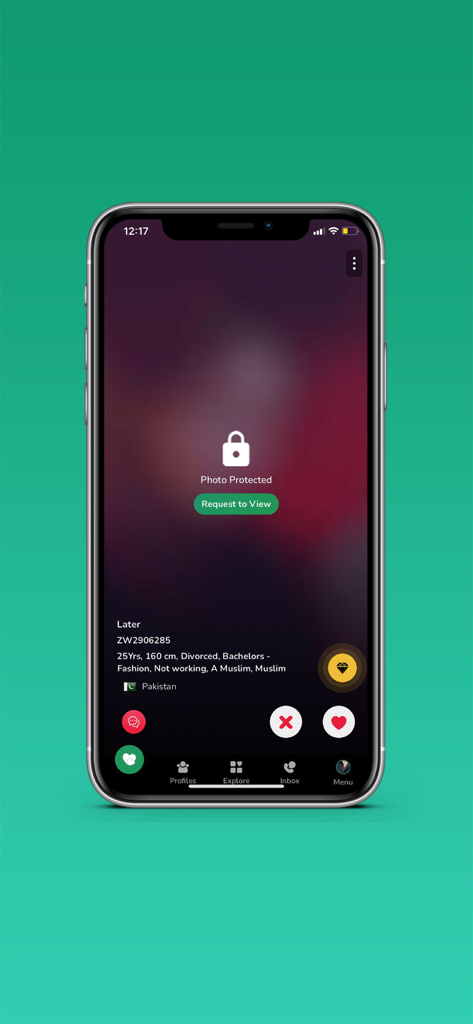 Aplicación Way To Nikah que muestra una foto de perfil protegida con un botón de solicitud de visualización