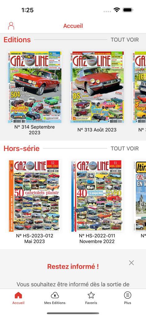 Gazoline - The home screen of the Gazoline app showing various digital issues of vintage car magazines.