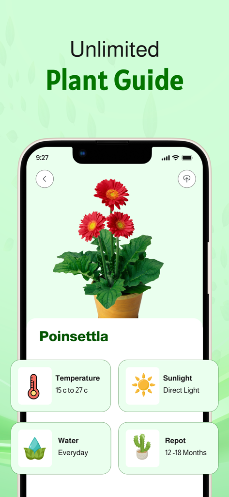 Plant Identifier &Disease Care - Pantalla de aplicación móvil que muestra instrucciones detalladas de cuidado de plantas para temperatura, luz solar y necesidades de riego