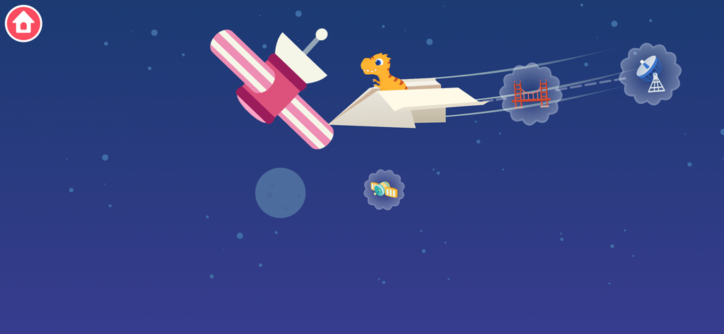 Dinosaur Plane Games for kids - Un personaje dinosaurio volando un avión de papel en el espacio exterior cerca de un satélite.