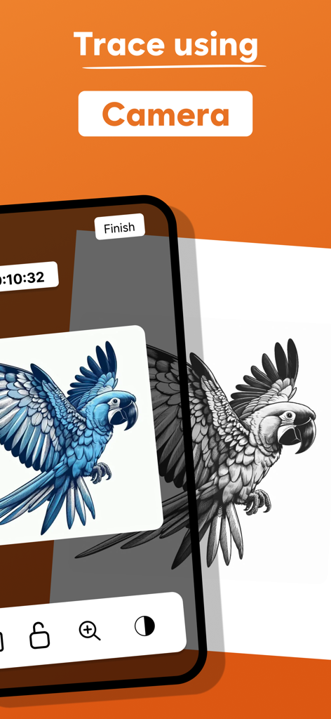 AR Drawing - Trace & Sketch - AR Drawing app interface demonstrating how to trace a parrot sketch using a smartphone camera