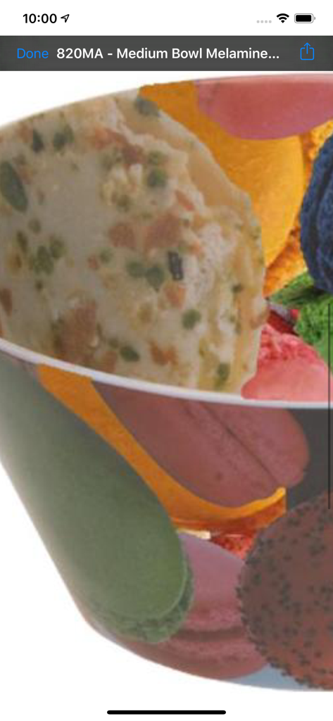 High resolution zoom of a melamine bowl product within the SalesPresenter mobile catalog