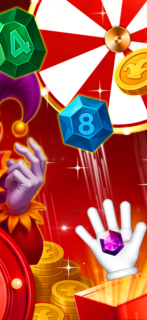 Holiday Mania - A jester throwing gems at a spinning wheel in the Holiday Mania arcade game