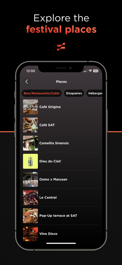 FEST: Your Festivals, One App - A mobile screen from the FEST app showing a directory of festival locations including cafes and restaurants with filters