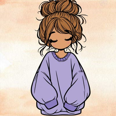 girl with baggy sweatshirt and messy bun