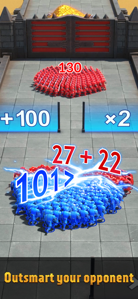 数理的な乗数と相手を出し抜くキャプションを備えた、赤と青の軍隊間の戦術的な戦闘。