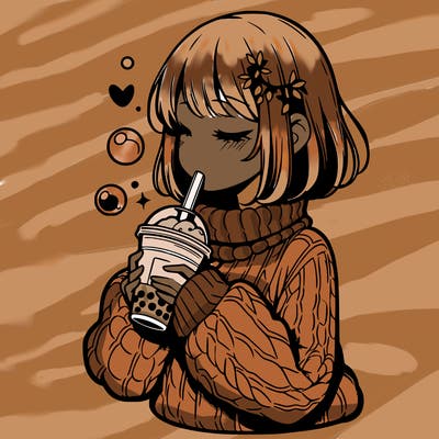 manga girl drinking boba in cozy sweater