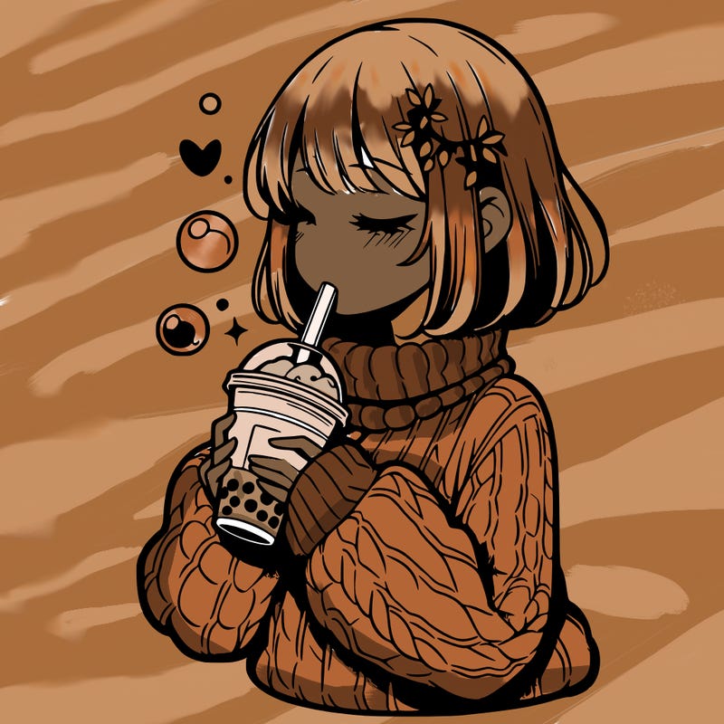 manga girl drinking boba in cozy sweater