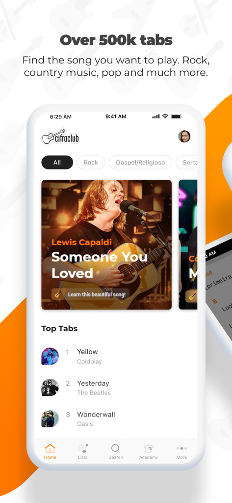 Cifra Club - L'interface de l'application Cifra Club présente une vaste bibliothèque de tablatures musicales pour les genres rock, country et pop.