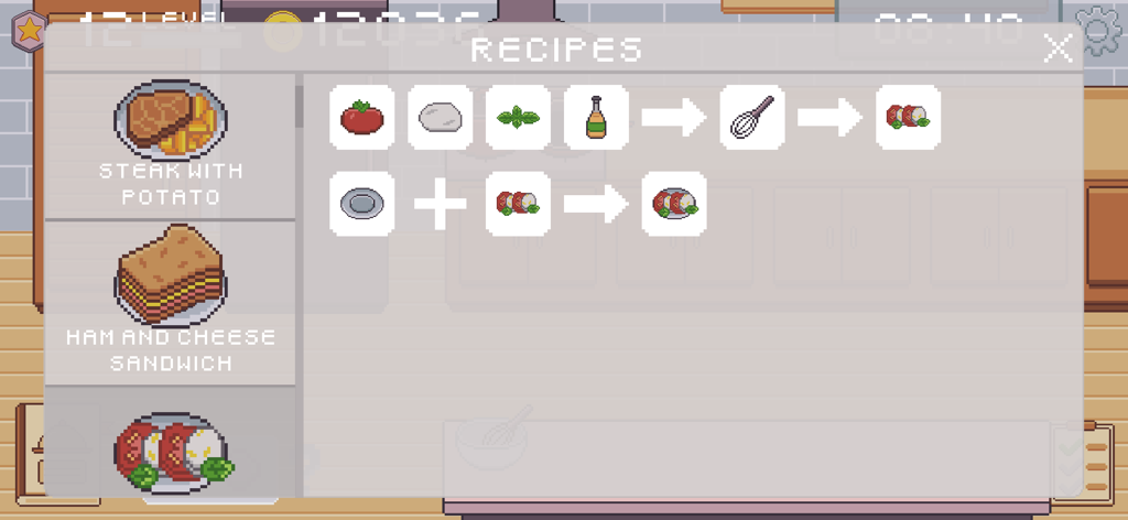 KitchenCraft: cooking business - Interfaz del juego KitchenCraft que muestra un libro de recetas con instrucciones de cocina paso a paso en estilo de arte pixelado
