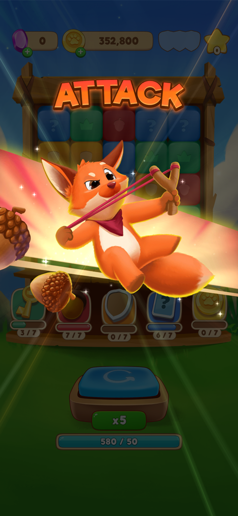 A cartoon fox character using a slingshot to attack during a raid in the Tiles Of Fortune mobile game.
