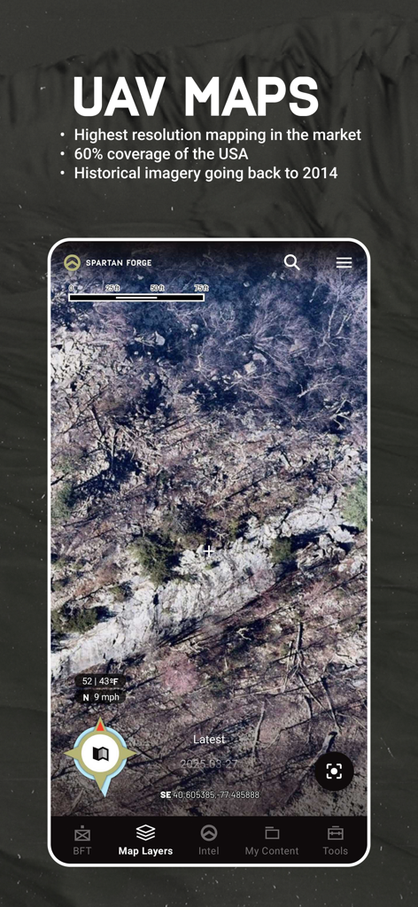 A screenshot of the Spartan Forge Hunt app displaying high-resolution UAV aerial maps with terrain details and navigation tools.