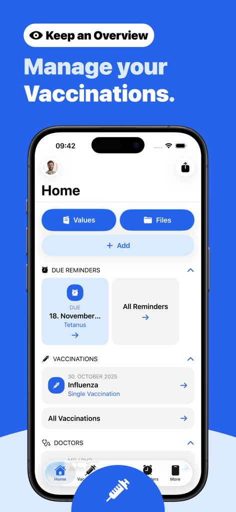 Immunization Record – Vaccy - Vaccy mobile app home screen showing vaccination reminders and medical record overview
