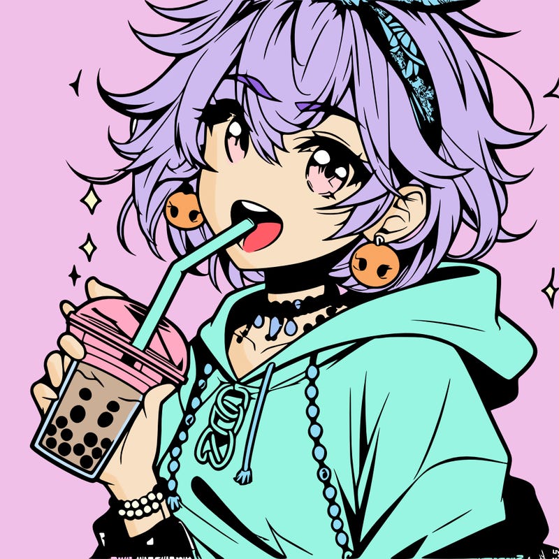 hot baddie anime girl drinking boba and biting the straw