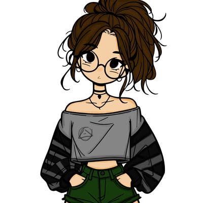 girl with a messy ponytail glasses a baggy crop top and jean shorts