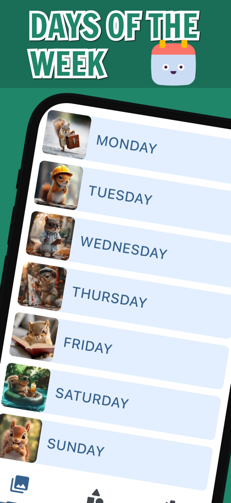 Good Morning Messages & Wishes - Mobile app screen showing a list of days of the week from Monday to Sunday with cute squirrel characters in various outfits.