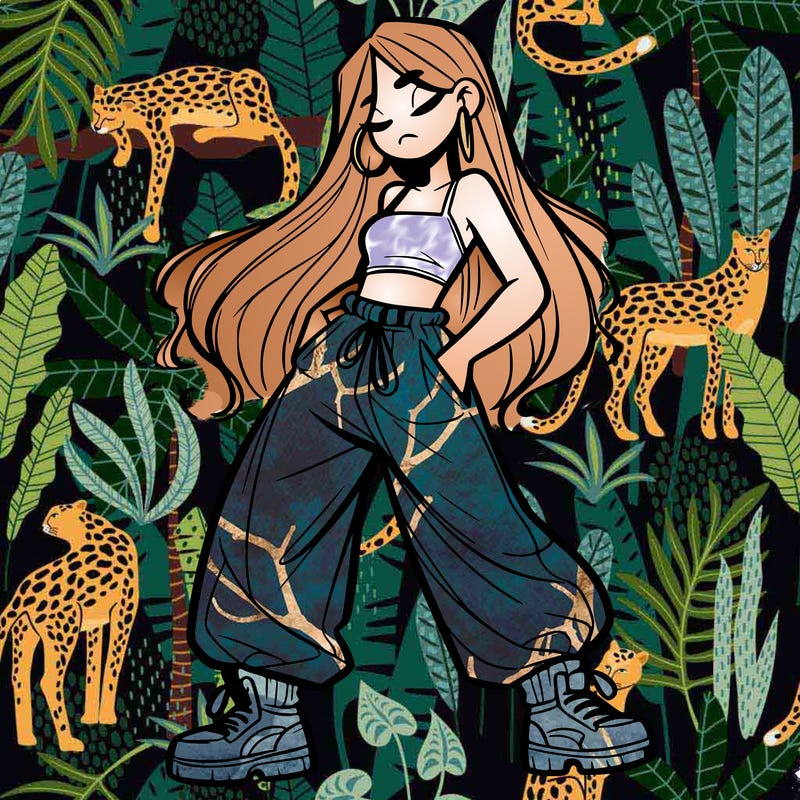 girl in baggy pants crop top and long hair