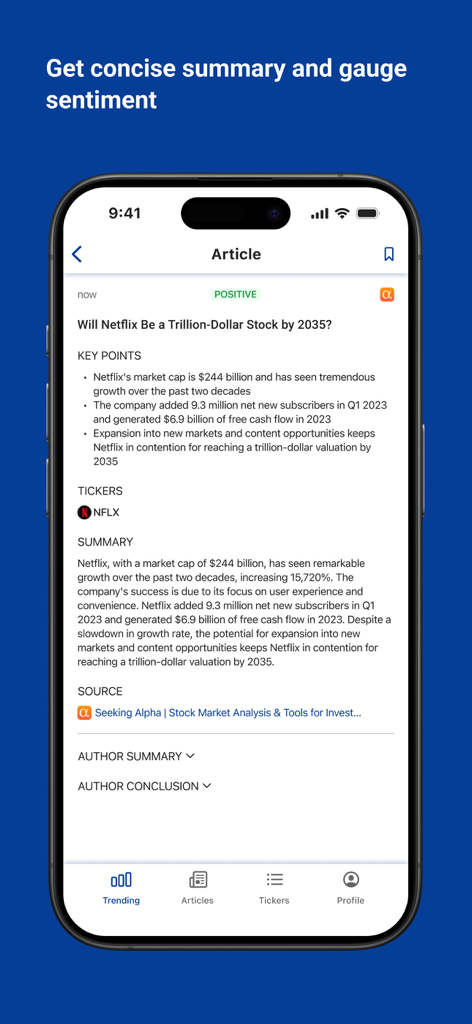 Market Sentiment - Screenshot of Market Sentiment app displaying a concise summary and positive sentiment analysis for a stock market article