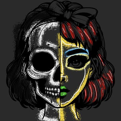 realistic girl with half skull mask