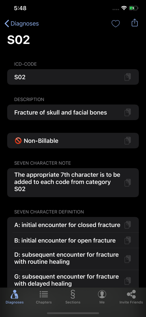 Detailed view of ICD-10 code S02 for skull and facial fractures including coding instructions and character definitions.