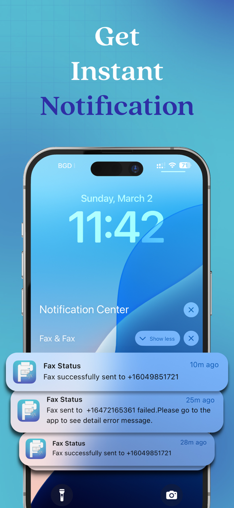 Fax from iPhone: Send Fax Easy - iPhoneのロック画面。成功および失敗したファックス送信の即時通知を表示しています。