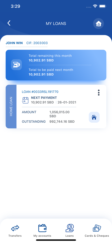 BRED Solomon Connect mobile app My Loans screen showing home loan details and upcoming payment information