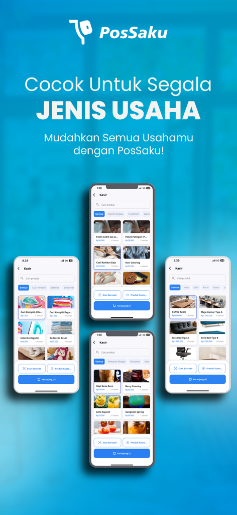 Kasir & Buku Kas PosSaku - PosSaku mobile app interface on multiple iPhones showing digital cashier tools for various business types.