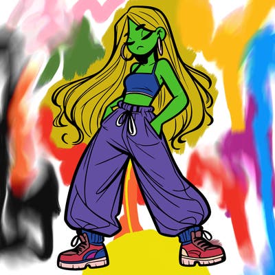 girl in baggy pants crop top and long hair