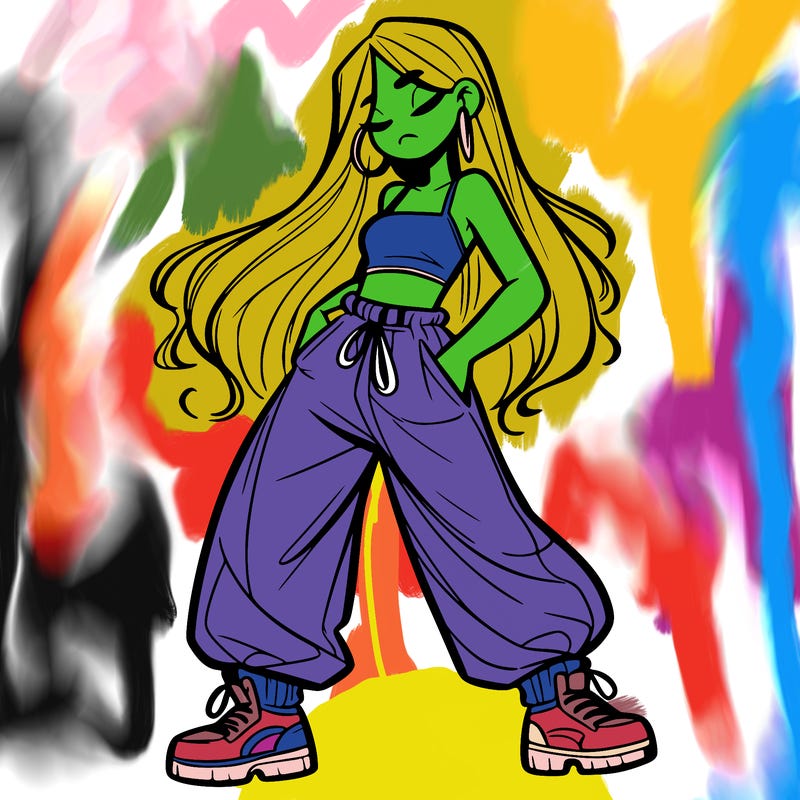 girl in baggy pants crop top and long hair