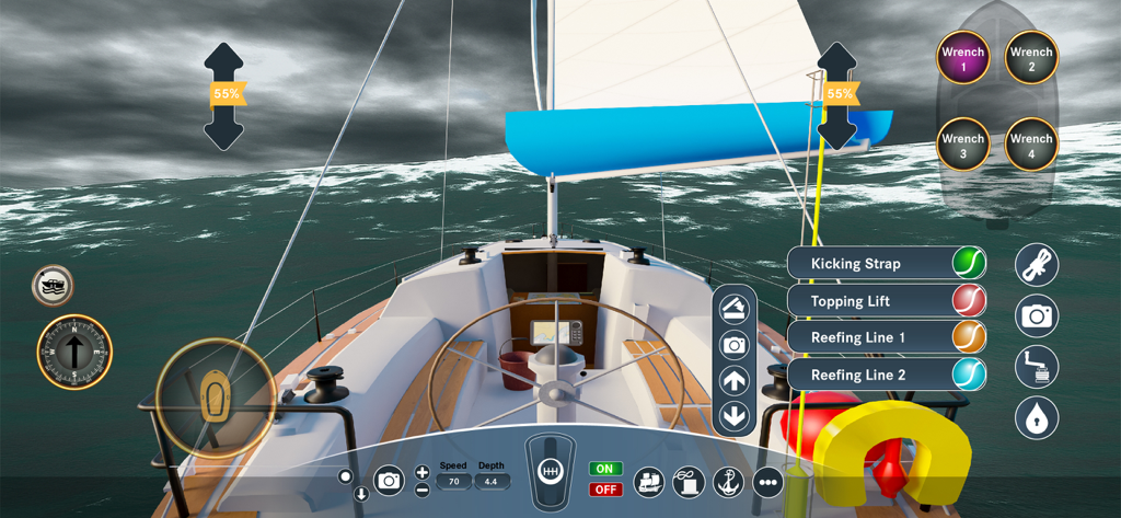 Vista en primera persona de la cubierta de un velero con controles técnicos en un mar agitado
