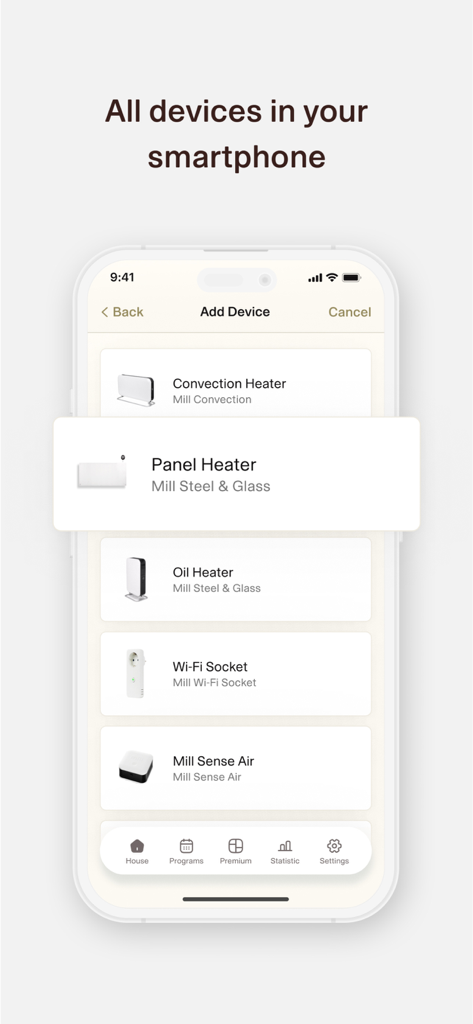 Smartphone screen showing the Mill Norway app add device menu with various smart heater options