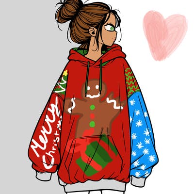 realistic girl with a oversized sweatshirt on and a bun
